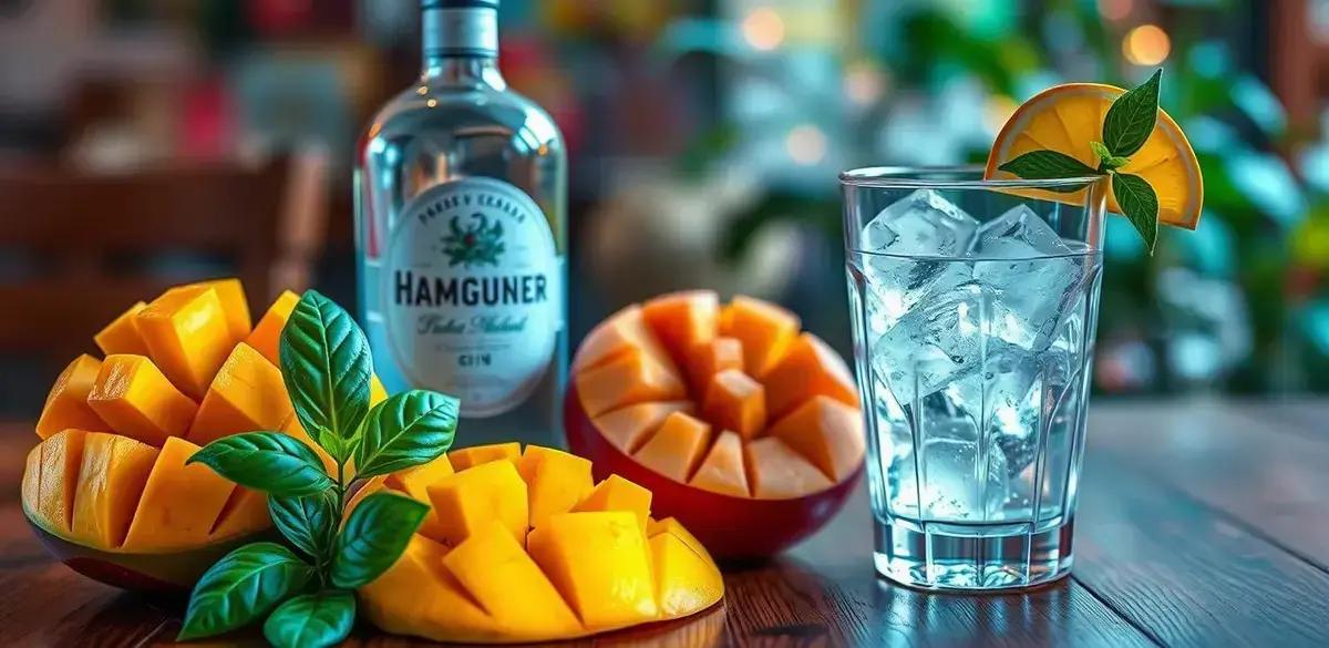 Ingredientes do gin com suco de manga e manjericão