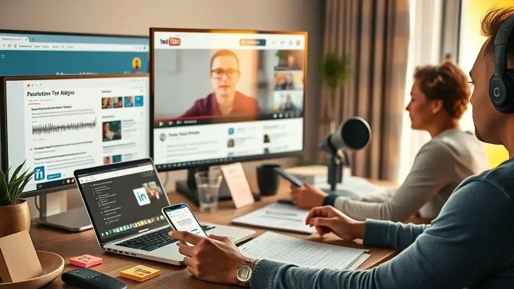Presença em plataformas: blog, LinkedIn, YouTube e podcast